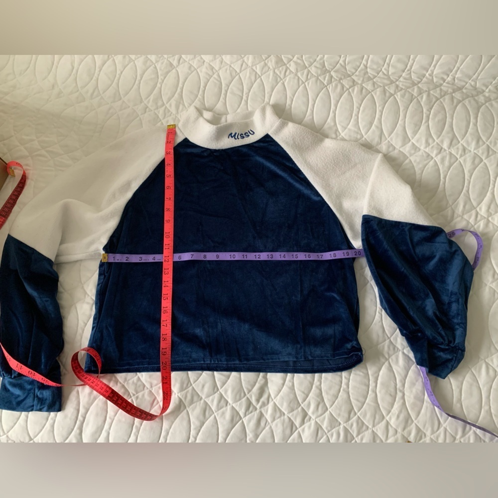 #24 Navy blue velvet and white knit Missu sweater.